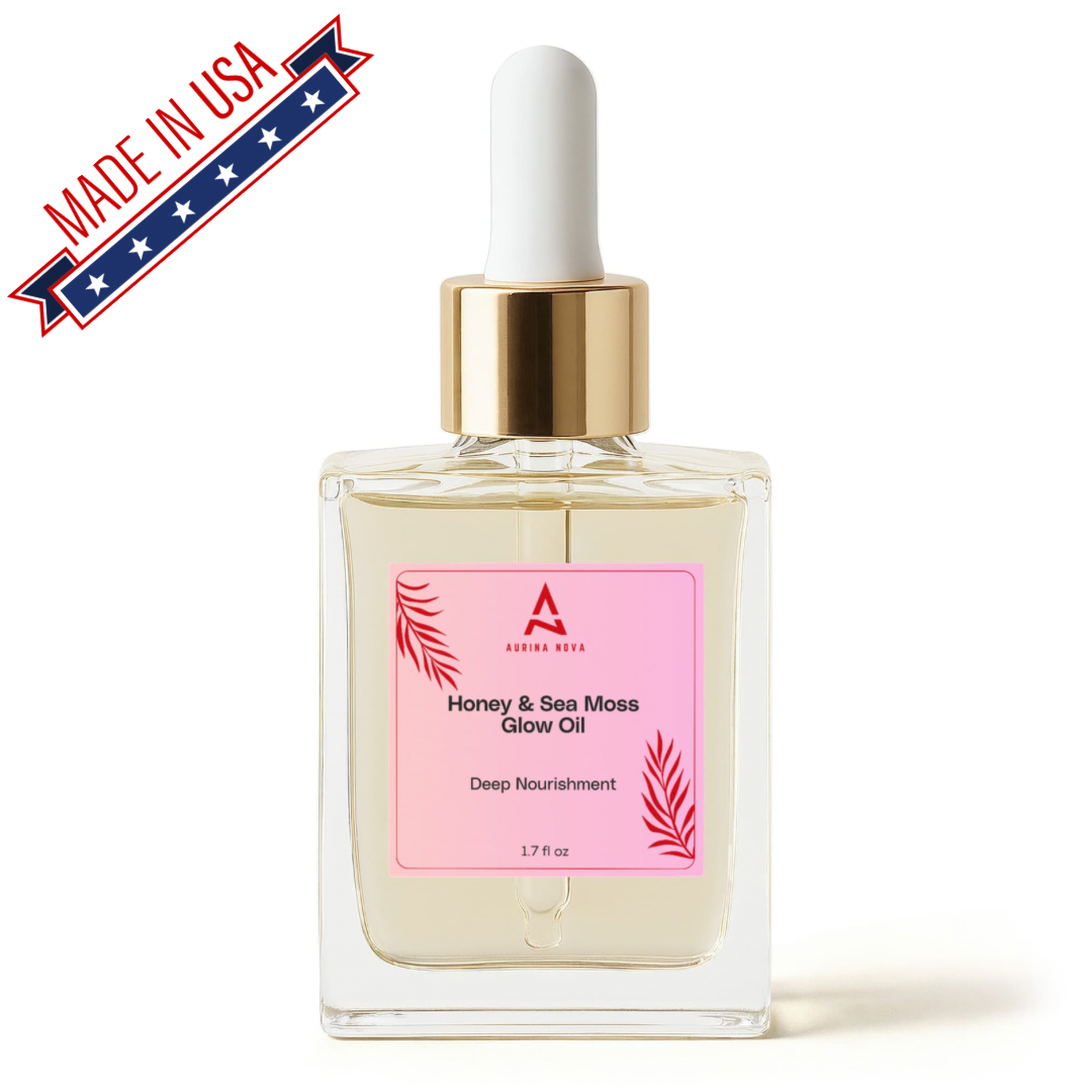 Skincare oil bottle with pink label on a white background, featuring 'Made in USA' badge.