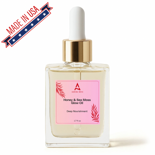 Skincare oil bottle with pink label on a white background, featuring 'Made in USA' badge.